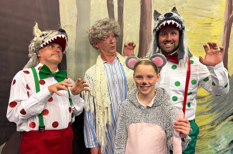 From left, Nigel Davies as Ferdinand the Wolf, Simon Ward as Granny, Ivy Barzotelli as Mousey and Adam Lloyd as William the Wolf.  AQ 1754
