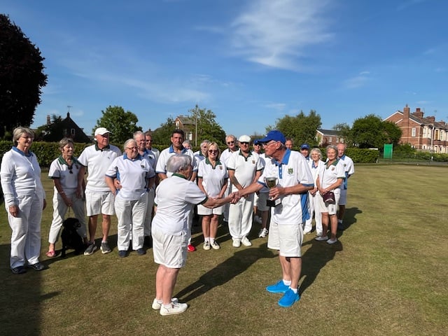 The Paxton Cup being presented to Christine Ainger, North Tawton Bowling Club Ladies Captain by the Captain of Pinces Gardens Bowling Club, Exeter.
