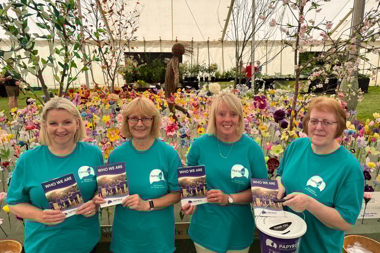A Silver Gilt Winner in the Flower Tent was a display by Sue Dunn, Pearl Dunn, Claire Devon and Janet Oaten, of Dowland, featuring paper flowers creating a handmade flower meadow in aid of the charity, Papyrus, which helps those affected by suicide. AQ 1706