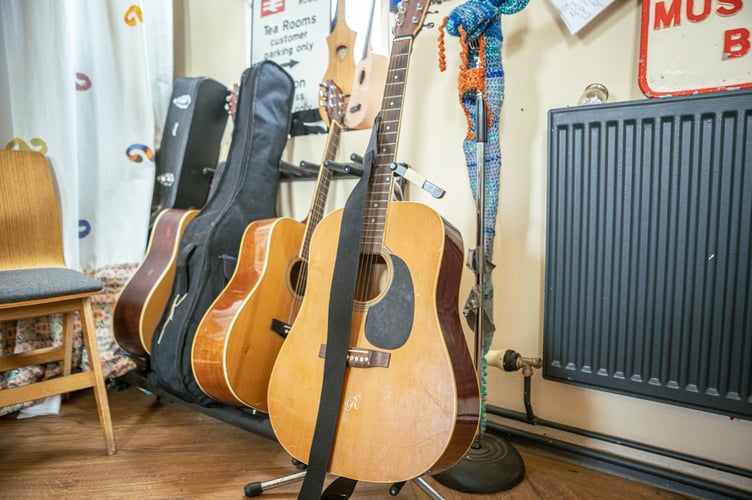Musical instruments at The Crediton Station Tea Rooms.