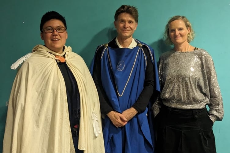 Kimwei McCarthy, Grand Bard of Exeter, left, with Kev Payne, newly appointed Bard of Exeter, centre and Ceri Baker - Exiting Bard of Exeter.
