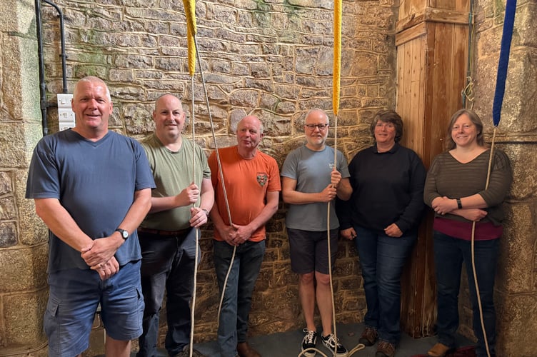 Down St Mary church bellringers, Bob Robinson, Ian Fielding, Andy Cleave, Gary Quick, Ali Waterson and Jenny Sparling, rang at Coldridge Parish Church and other towers on the day.  AQ 2874
