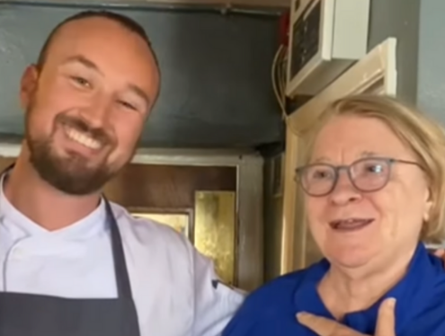 Rosemary Shrager at the Ol Thatch Pub in Cheriton Bishop with the owner and head chef Richard Grasske 
