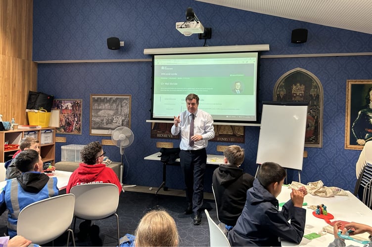 Sir Mel Stride MP speaking to Tedburn St Mary Primary School pupils in Parliament