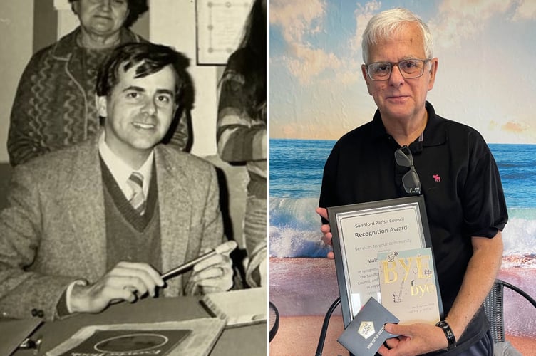 Malcolm Vallance at a Sandford Parish Council meeting in 1986, left, and receiving the award in 2025, right