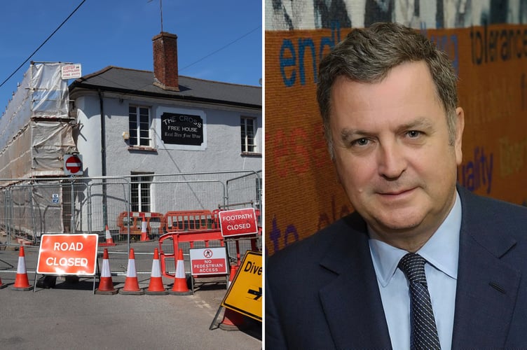 The road closure at The Cross Hotel, Copplestone, left, and Mel Stride MP