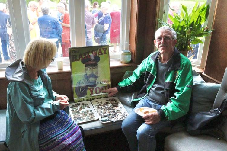 14 June 2025 Volunteers tea party Newton St Cyres 6x pic special Railway station volunteer Chris Southcott brought along his collection of local flint and coin finds