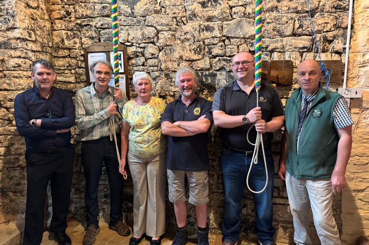 The Judges and guests who rang, from left, Andrew Vincent (competition secretary), Martin Sharland (judge), Margaret Down (Tower Captain), John Bint (Captain, Chagford), Owen Borlease (judge and president, Truro Diocese Guild of Ringers) and Jeremy Darke, scrutineer.  AQ 4052
