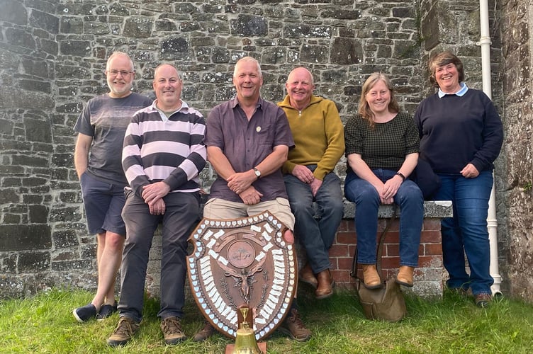 The winning Down St Mary team with the Ross Shield and Top Ringing trophy after winning the Devon Association Major Bellringing Final.