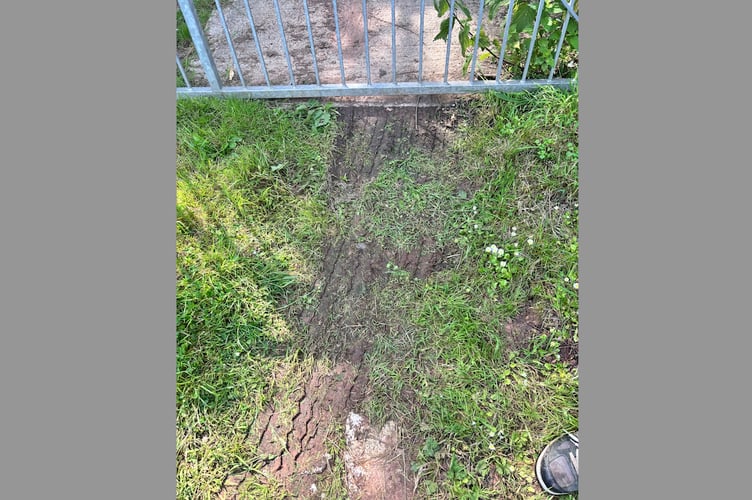 Tyres marks at the gateway where a tractor was stolen from Crediton Football Club.
