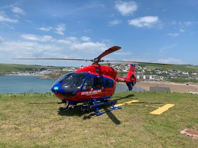 A Devon Air Ambulance on the Burgh Island helipad.
