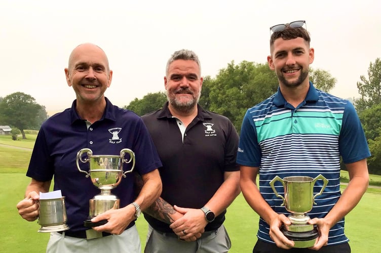 From left, Adam Cook club champion, Club Captain Stuart Tolley, Luke Mortimore Hutchings Cup winner