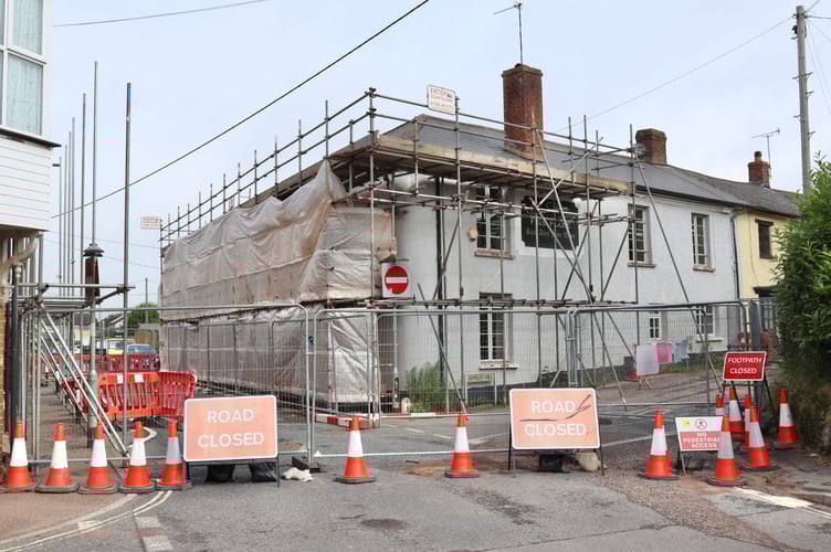 The road closure at The Cross Hotel in Copplestone