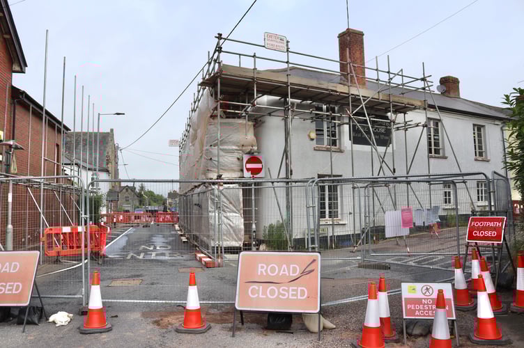 The road closure at The Cross Hotel in Copplestone