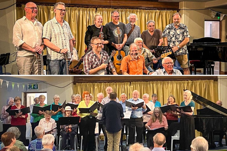 Top: The Crediton Strummers. Bottom: The Mid Devon Good Afternoon Choir with MD Jon Rawles