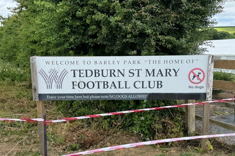 The welcome to Barley Park, the home of Tedburn St Mary Football Club sign.  AQ 5235
