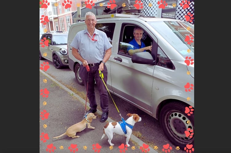 Cllr Guy Cochran, left, with dogs Frankie and Eddie, were recently interviewed by BBC Spotlight cameraman Chris, right, about the launch of Crediton Dog Friendly Retailer Scheme.
