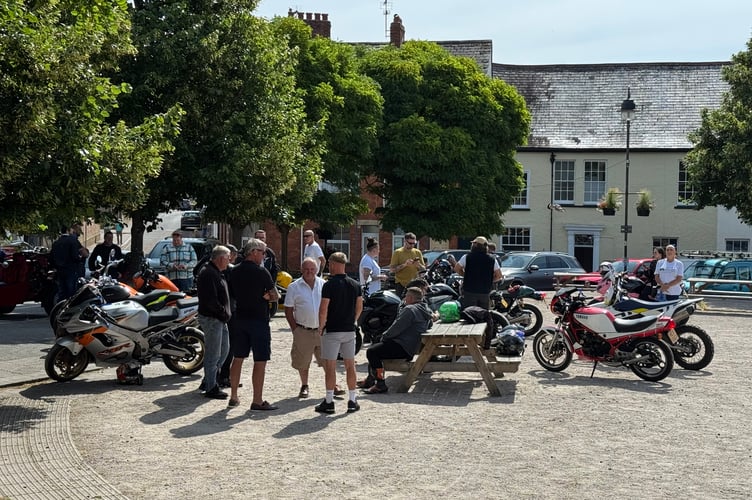 Some of the bikes in Crediton Town Square before the motorcycle escort for Harry. AQ 5752