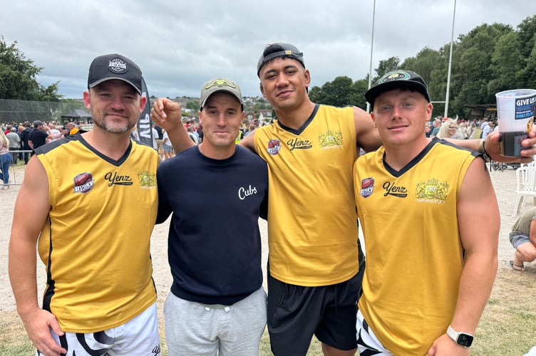 Ryan Lamb (Gloucester player), Chiefs coach Gregg Fizzler and Chiefs players Haydon Thomas and Tom Cairns at Rugby Rush.  AQ 5941
