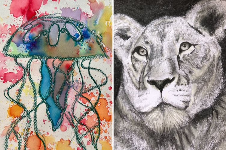 A jellyfish by Faye in year six at Copplestone Primary School, left, and a big cat by Amy in year 10 at QE (Kick Start Art)
