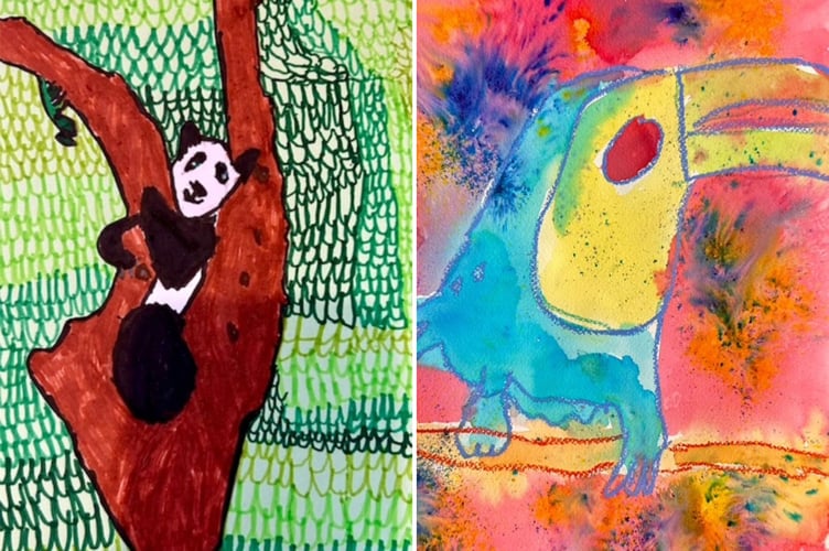 A panda in a tree by Gray in year two and a colourful bird by George in year four at Landscore Primary School (Kick Start Art)