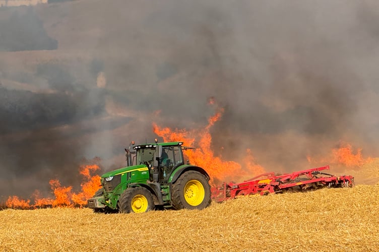 A farmer trying to make a break between the flames and cut straw at the Crediton field fire.  AQ 6586

