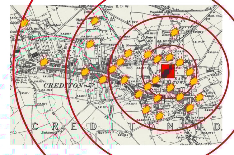 Crediton bomb damage locations from 1942.
