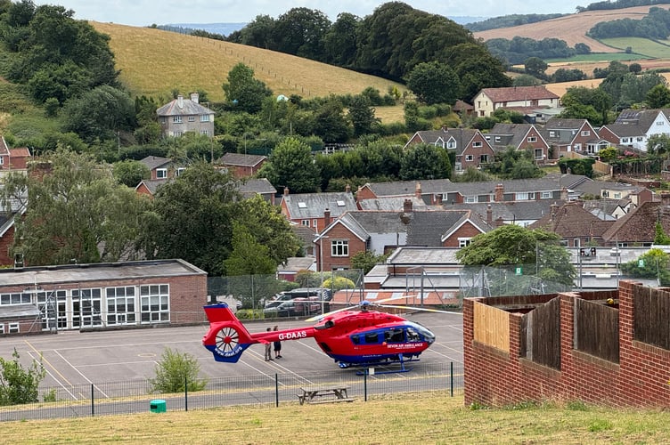 The Devon Air Ambulance which landed at QE School in Western Road. AQ 6777