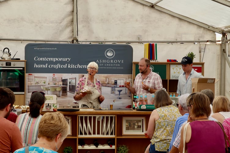 Mary Quicke of Quicke's and Barny Butterfield of Sandford Orchards during the cider and cheese pairing demo