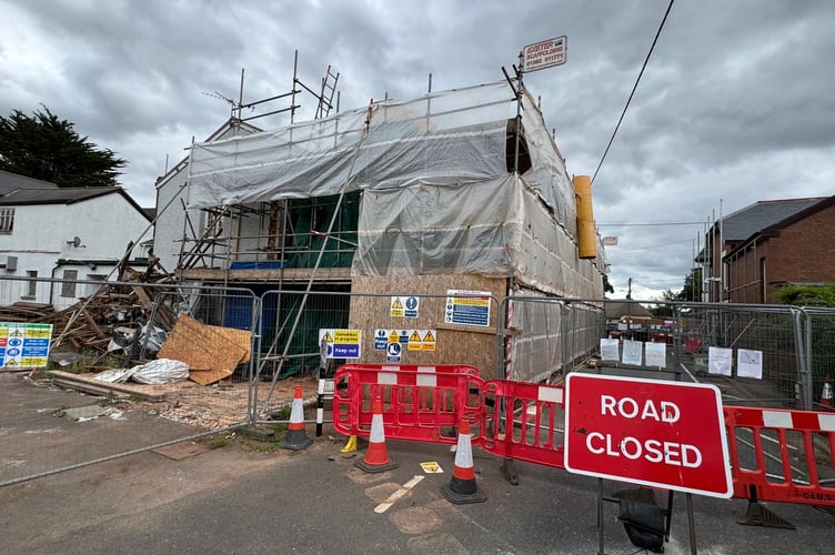 The road closure at The Cross Hotel in Copplestone