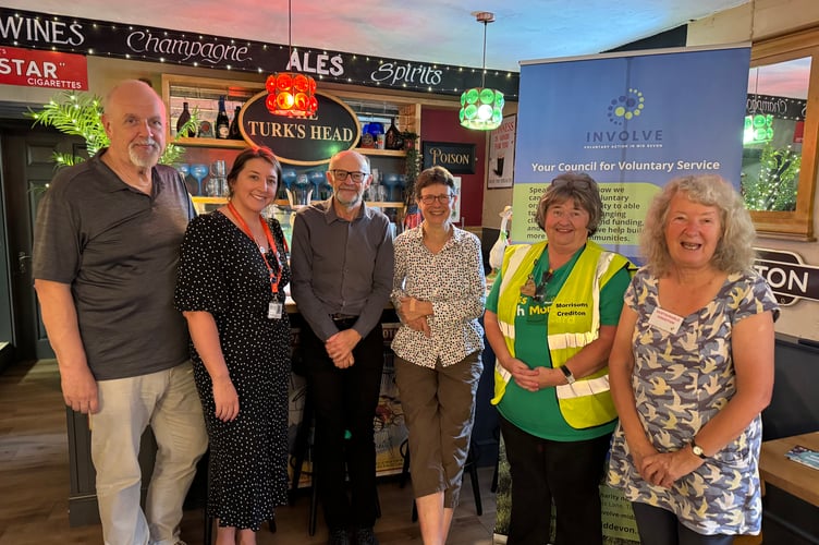 From left, The Mayor of Crediton, Cllr Steve Huxtable; Town Clerk Rachel Avery; John Bulford and Kate Lock from Crediton Heart Project; Hazel Evely, Morrisons Crediton Community Champion and Esther Mann, Sustainable Crediton. AQ 7807