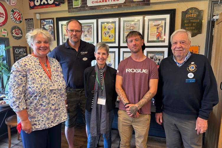At the launch of ‘Communities that can’, from left, Catherine Hill, Devon Carers; Richard Sampson, Farming Community Network; Fiona Blagdon, Unite Carers in Mid Devon; Dominic Palfreman, Senior Projects Manager, The Turning Tides Project and Peter Bryan, Crediton and District Lions. AQ 7824