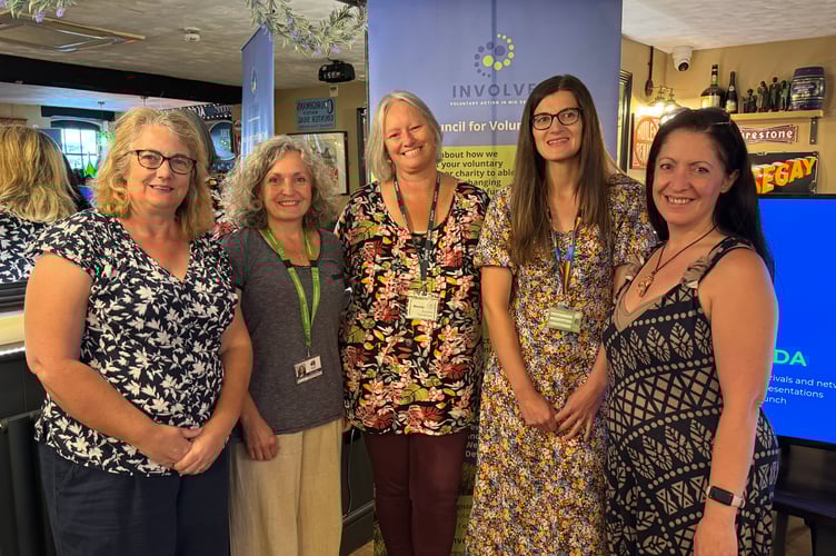 At the project launch, from left, Sarah Holmes, Transport Co-Ordinator, Mid Devon Community Transport; Claire from CHAT; Wendy Anez from Crediton Foodbank; Amy Slater from RD and E Health Inequalities and Claire Adams-Frost from The Nest. AQ 7803