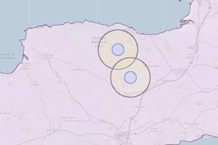 The two Mid Devon bird flu protection and surveillance zones at Tiverton and nearer Dulverton.
