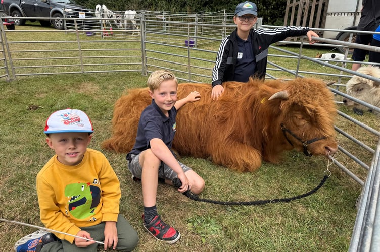 Felix, Nicholas and Eddie with Hamish the Highland bull from Lindfield Day Opportunities at Morchard Bishop Fun Day. AQ 8226