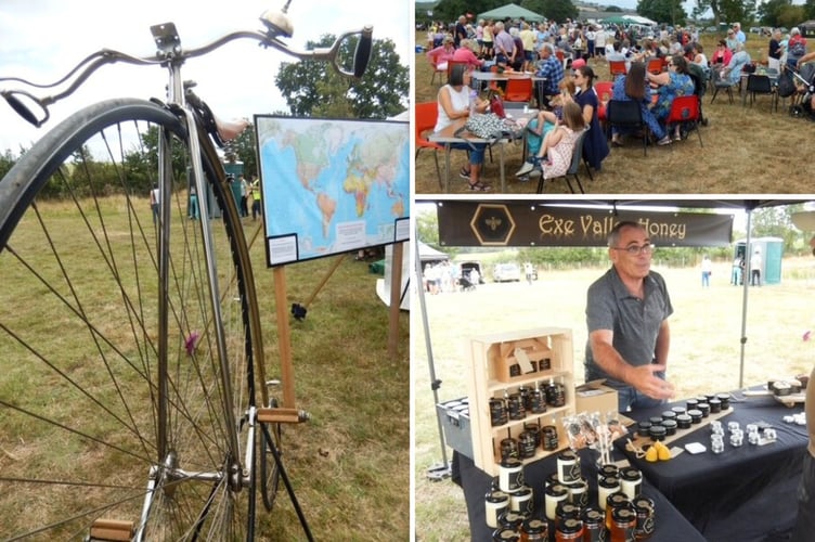 Penny farthing, left, crowds at the event, top right, and Exe Valley Honey's stand