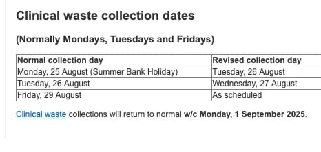 MDDC clinical waste collection revised Bank Holiday dates