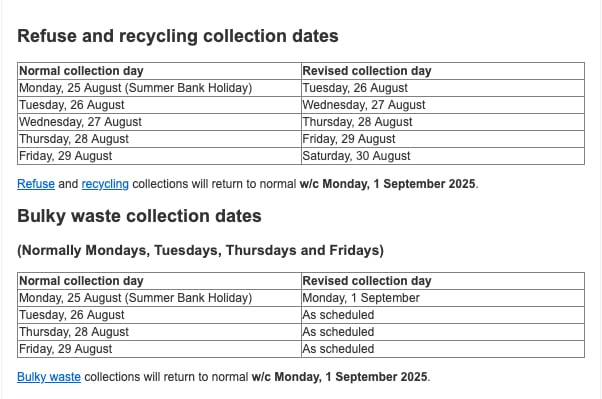 MDDC refuse and recycling Bank Holiday revised collection dates