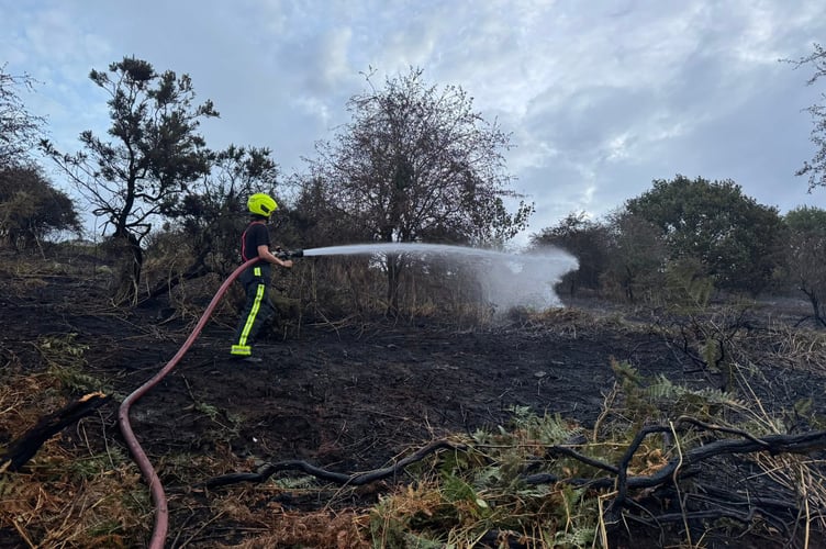 A North Tawton firefighter damping down at Torrington Common.
