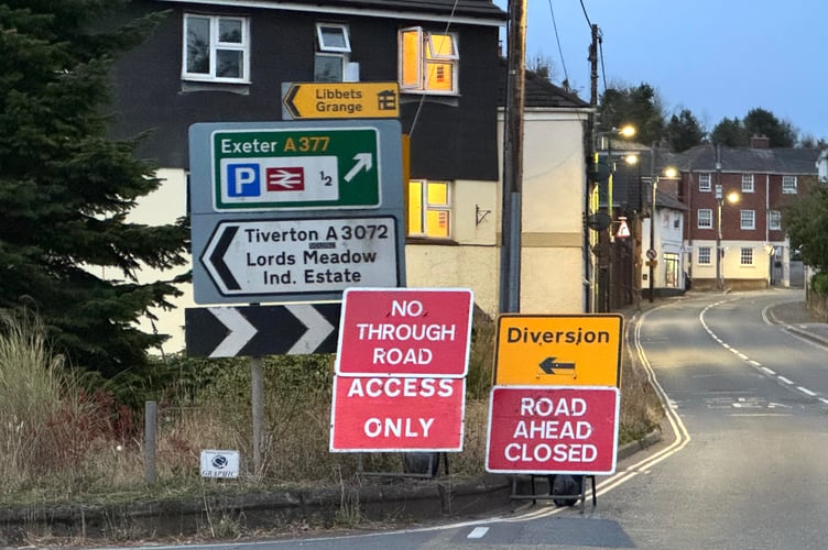 Road signs galore at Mill Street, Crediton.  AQ 1602

