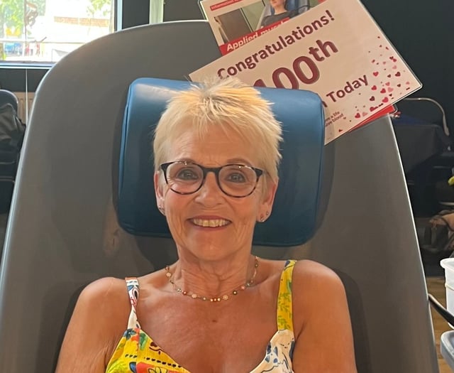 Crediton woman’s 100th blood donation milestone