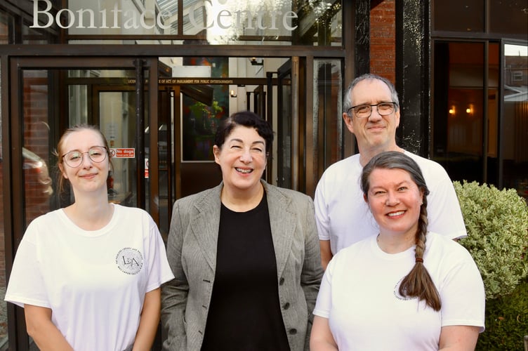 Joanne Harris event 6 September 2025 Joanne Harris with Izzy Fitzgerald, left, Mark Norman and Tracey Norman of the Folklore Library and Archive at the Boniface Centre (Will Goddard, Crediton Courier)
