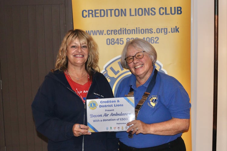 Crediton Lions Club President Ann Whitehouse with Tracey Hepper of Devon Air Ambulance