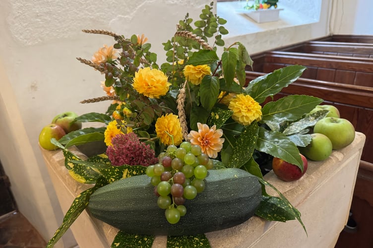 The display on the font for Harvest in Thelbridge Parish Church.  AQ 3001
