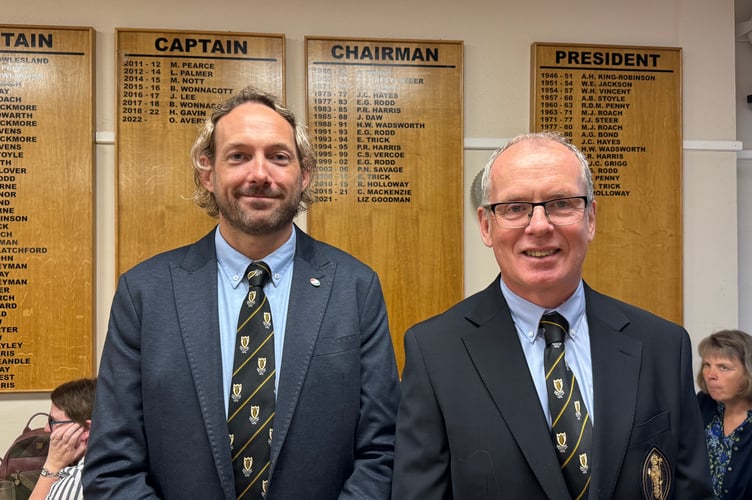 Chris Baker, Crediton RFC Chairman, left, with President, Trevor Sanders.  AQ 3316
