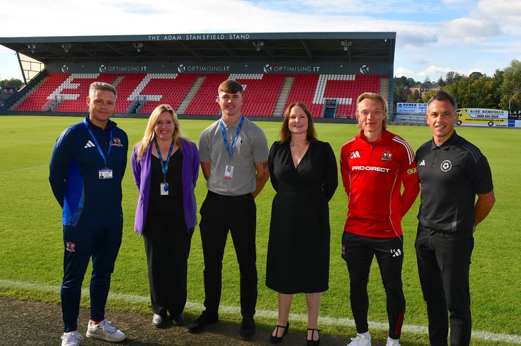From left, Danny Harris of ECCT, Hannah Hurrell and Euan Prosser of OPCC, PCC Alison Hernandez, Exeter City player Ilmari Niskanen and Scott Walker of ECCT
