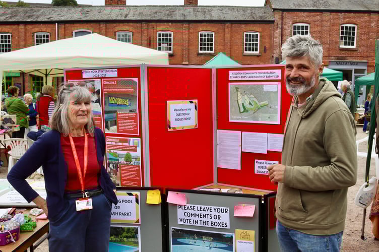 Cllrs Liz Brookes-Hocking and Giles Fawssett of Crediton Town Council were explaining various green initiatives and gathering opinions on local issues