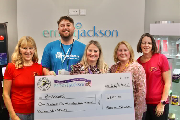 From left, Julie Box of Crediton Running Network, Ben Lovering of Hospiscare, Becky Warren and Natasha Winsley of Ernest Jackson, Rowena Slyfield of Crediton Running Network