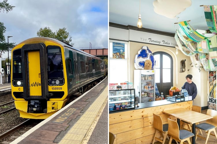 A train pulling into Crediton railway station, left, and the station tea rooms run by the Turning Tides Project, right