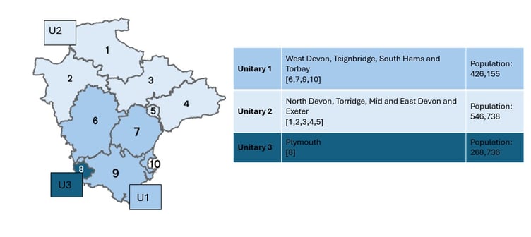 A map showing the breakdown of the 4-5-1 plan as it would look across Devon.